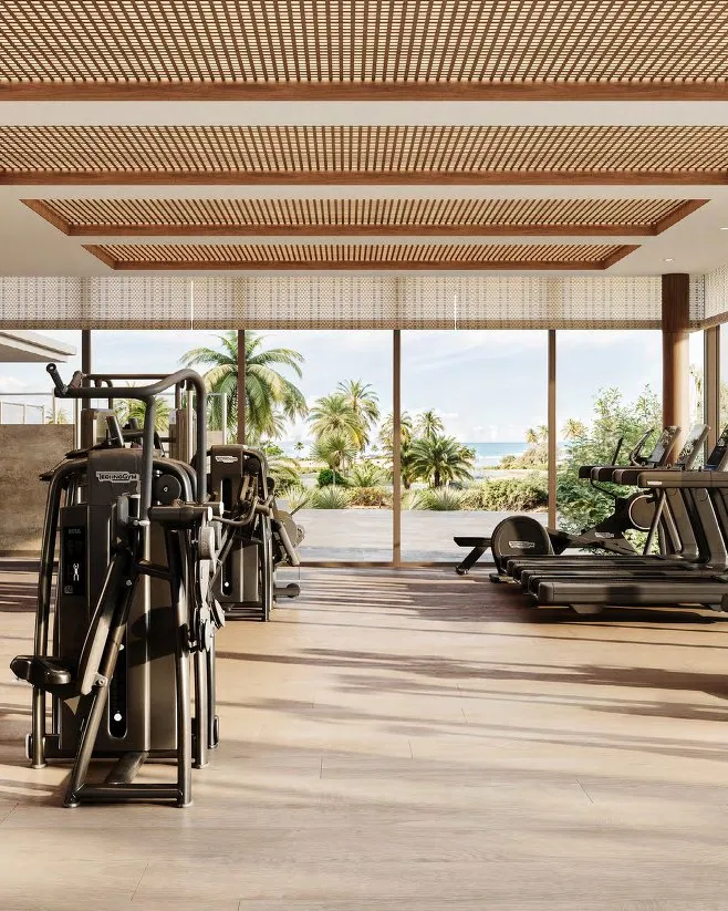 Gym with timber ceiling and glass walls opening onto palms