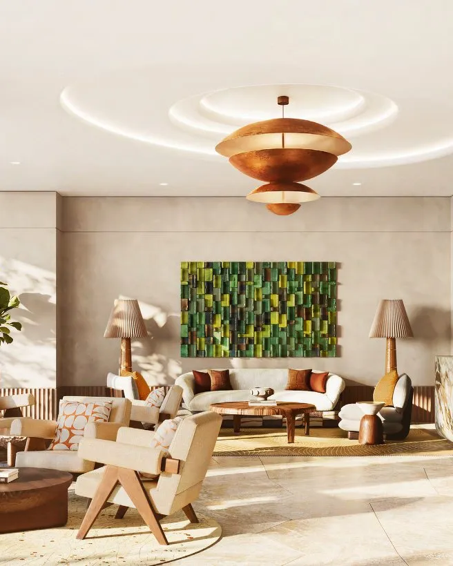 Residents' lounge with armchairs, marble bar and a terrace beyond