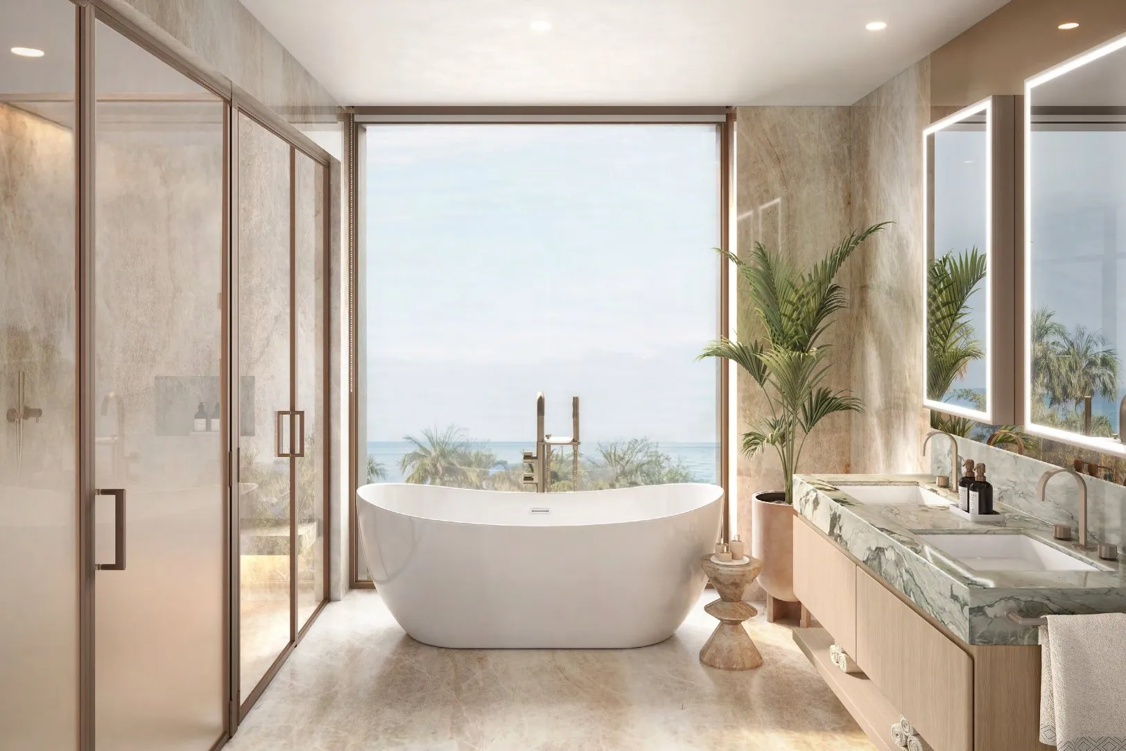 Marble ensuite with freestanding bath before a tall window to the sea