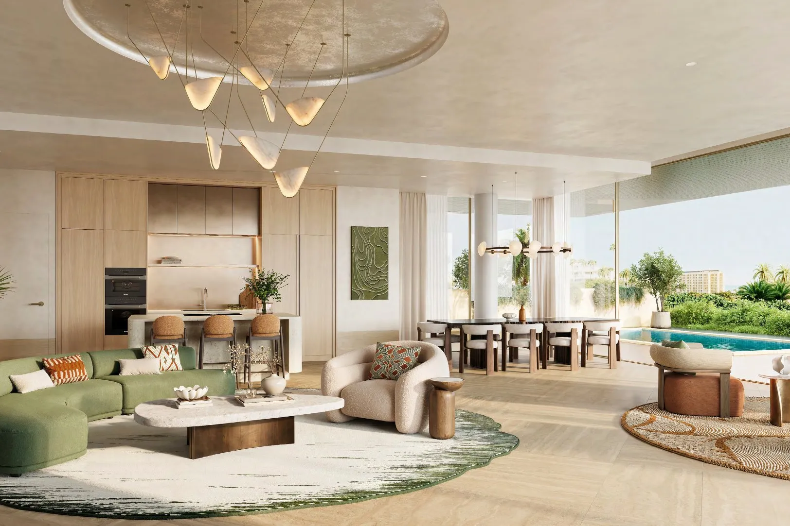 Garden home living space opening onto a private pool and greenery