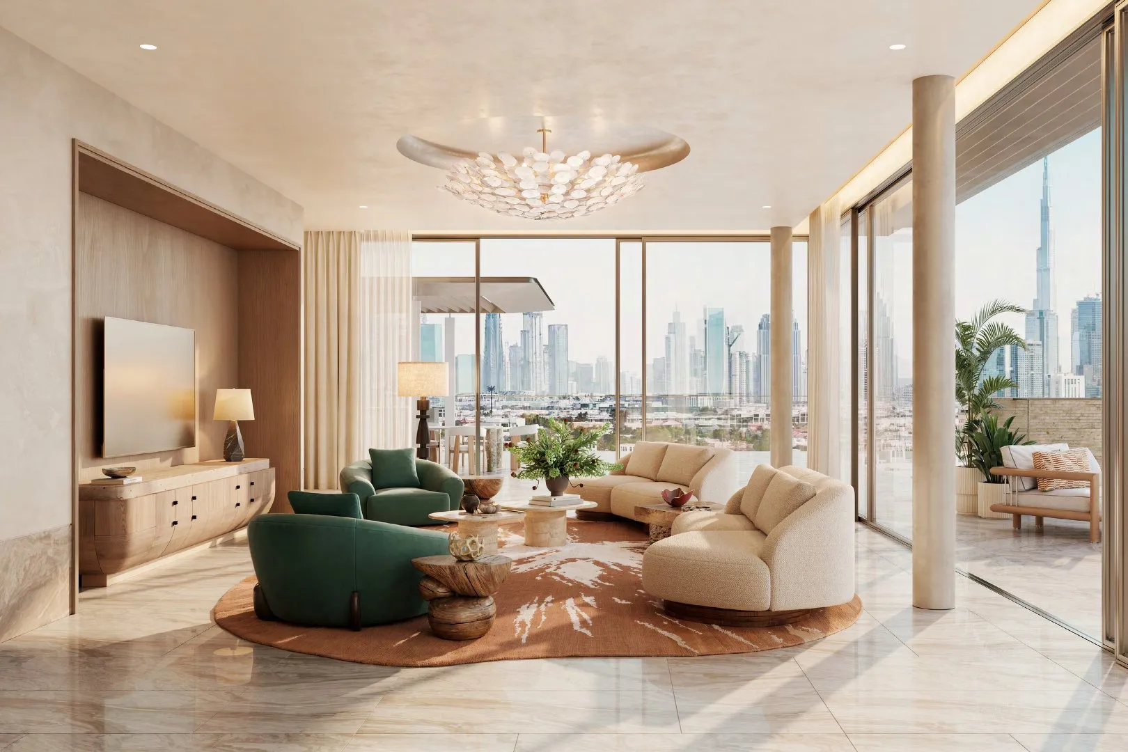Penthouse living room with glass walls framing the Downtown skyline