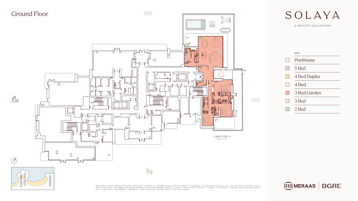 Floor plans: 3-bedroom garden home on the ground floor, with a private pool