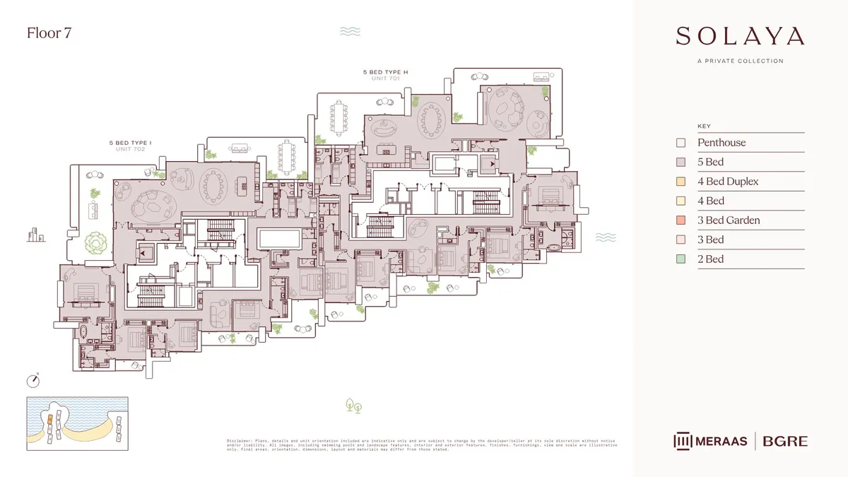 Floor plans: 5 bedrooms, triple-aspect, on the floor below the penthouse